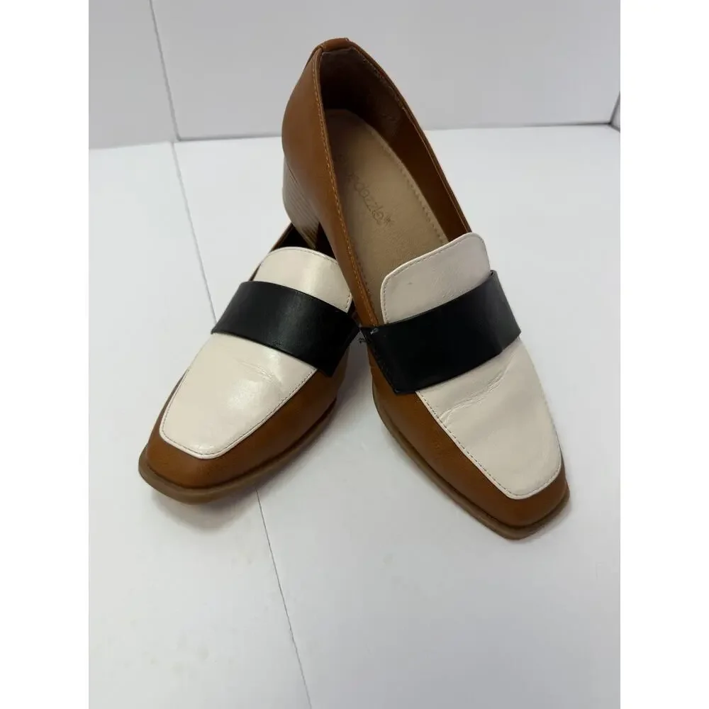 Shoe Dazzle Women's Loafers Brown Black White Colorblock Square Toe Slip On